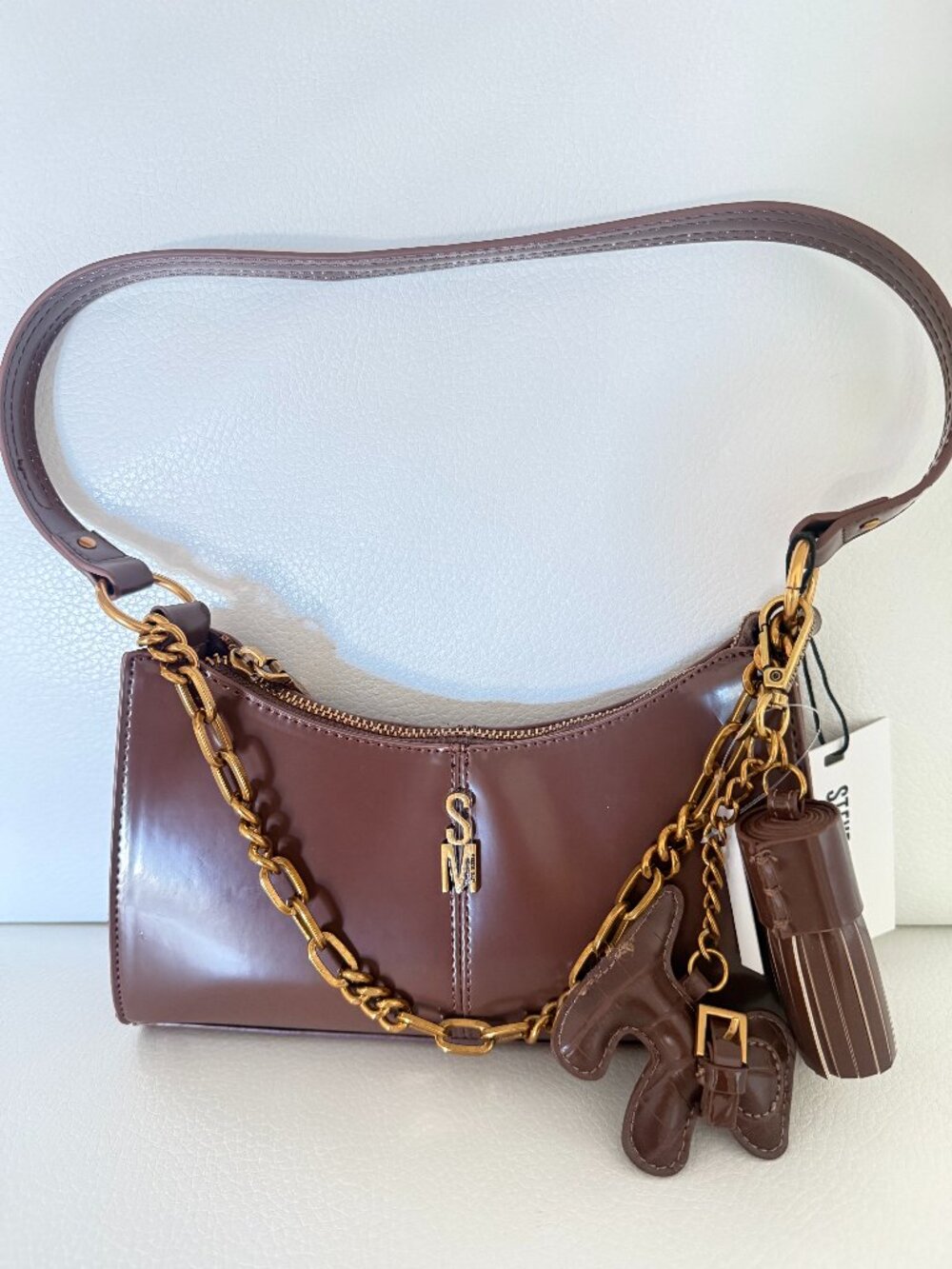 NEW STEVE MADDEN BMIKA - C SHOULDER BAG PURSE BROWN W TASSEL CHARM DOG KEYRING
